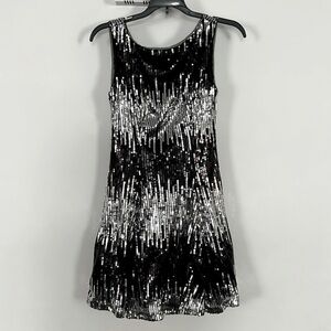 Windsor Sequin Mini Dress Black/Silver Back V Neck Size 3/4 Worn Once!